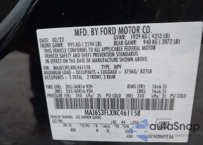 MAJ6S3FLXNC461158: 43435557