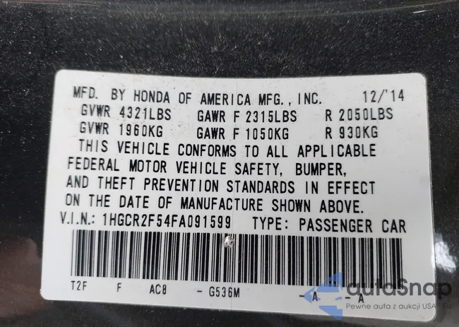 1HGCR2F54FA091599: 43435663