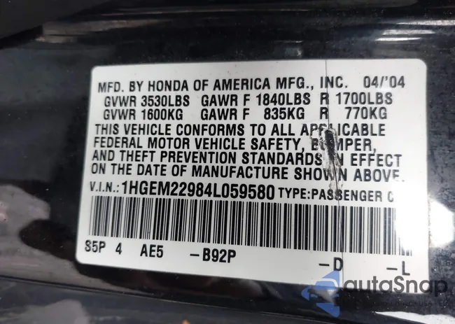 1HGEM22984L059580: 43435900