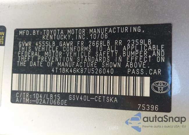 4T1BK46K87U526040: 43435950