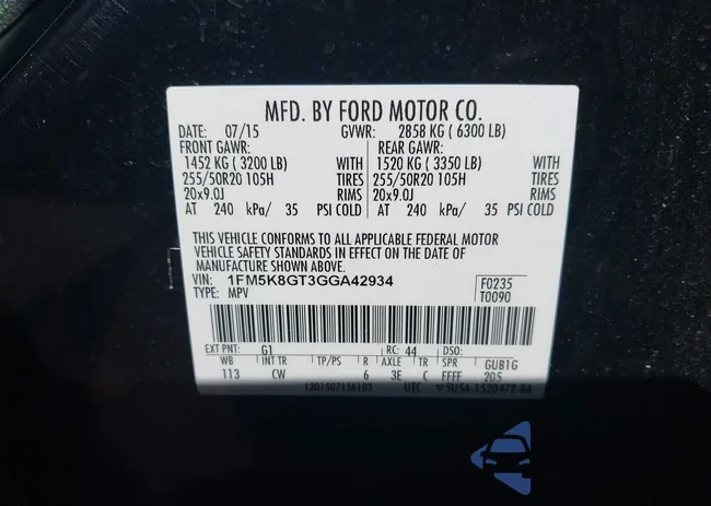 1FM5K8GT3GGA42934: 43436130