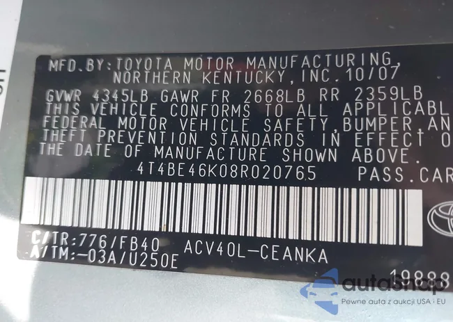 4T4BE46K08R020765: 43436575