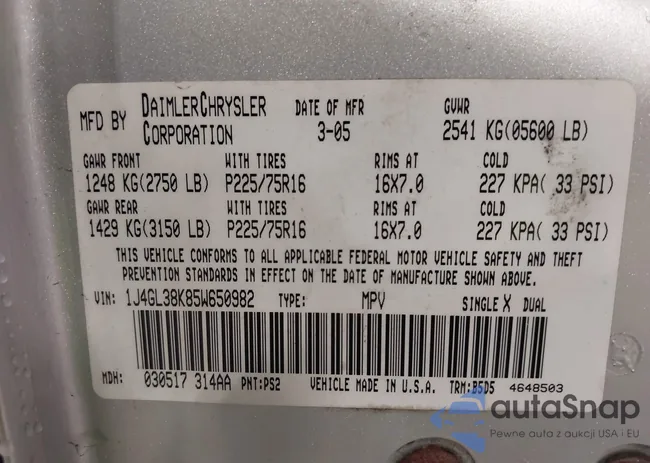 1J4GL38K85W650982: 43436785