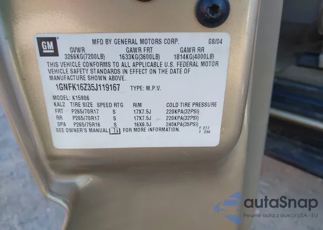 1GNFK16Z35J119167: 43436843