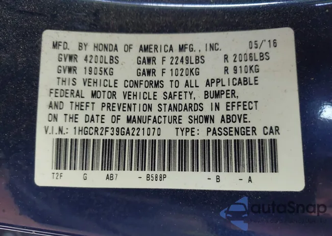 1HGCR2F39GA221070: 43437021