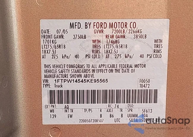 1FTPW14545KE95565: 43437965