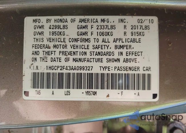 1HGCP2F43AA099327: 43438947