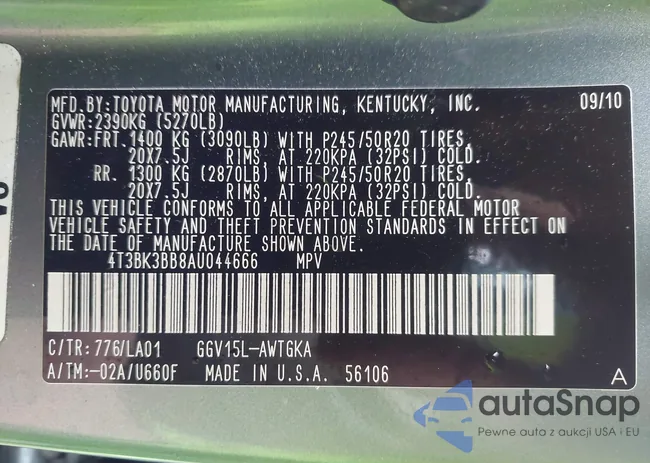 4T3BK3BB8AU044666: 43438507