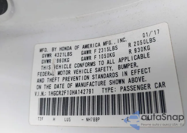 1HGCR2F10HA142791: 43439543