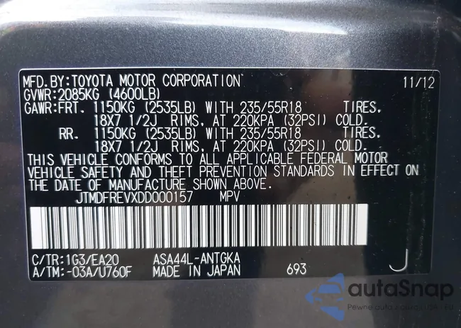 JTMDFREVXDD000157: 43440582