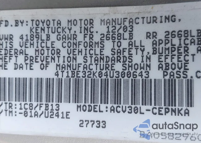 4T1BE32K04U300643: 43440855