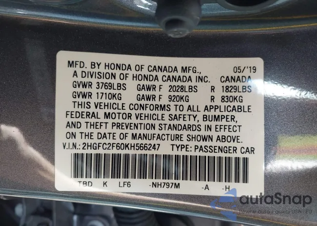 2HGFC2F60KH566247: 43441595