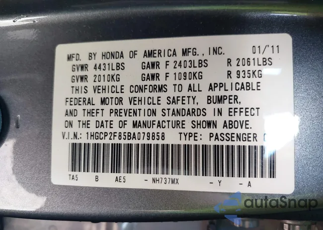 1HGCP2F85BA079858: 43442044