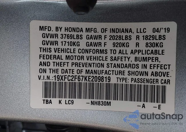 19XFC2F67KE209819: 43443012