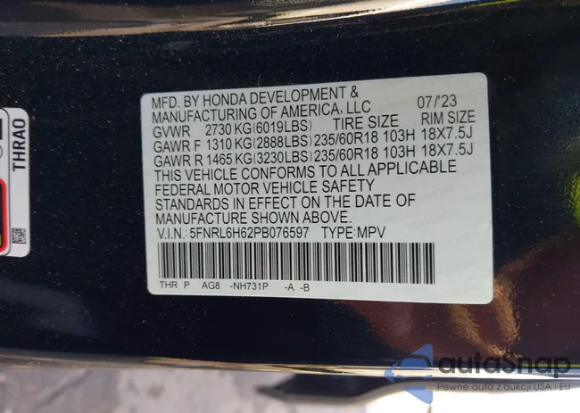5FNRL6H62PB076597: 43442325