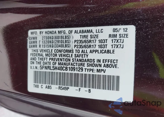 5FNRL5H40CB109129: 43443591