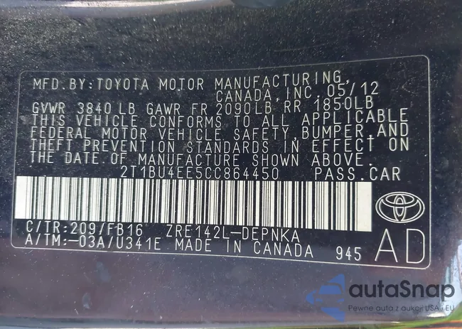 2T1BU4EE5CC864450: 43443662