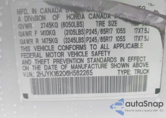 2HJYK16206H562265: 43444363