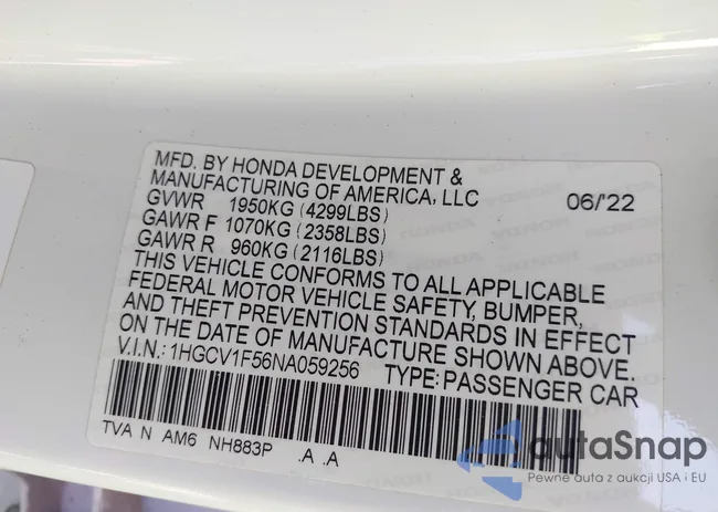 1HGCV1F56NA059256: 43445568