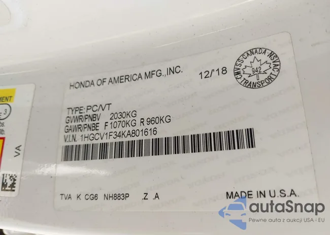 1HGCV1F34KA801616: 43445969