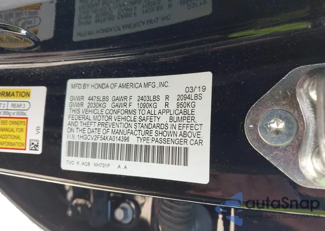 1HGCV2F54KA014396: 43446877