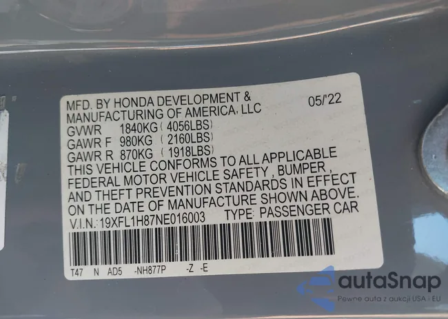 19XFL1H87NE016003: 43446993