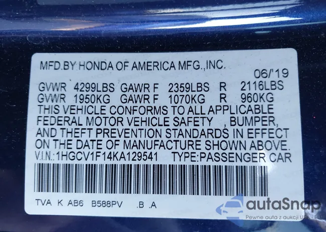 1HGCV1F14KA129541: 43447283