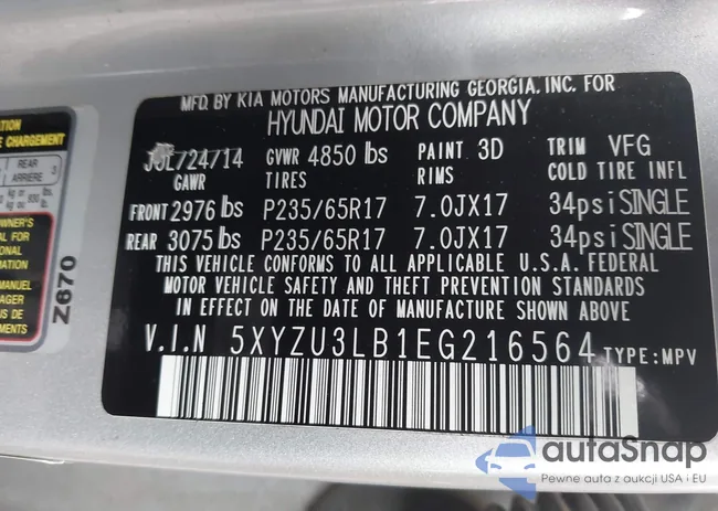 5XYZU3LB1EG216564: 43447327