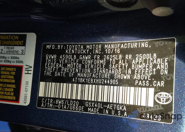 4T1BK1EBXHU244905: 43448427