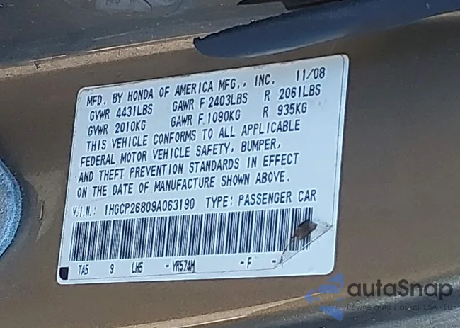 1HGCP26809A063190: 43449735