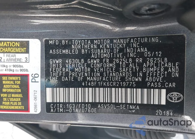 4T4BF1FK6CR219775: 43449940