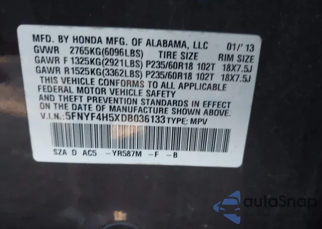 5FNYF4H5XDB036133: 43450053