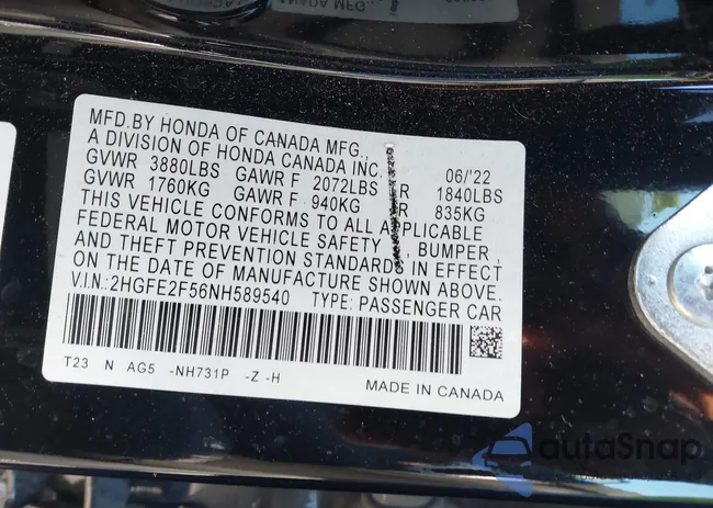 2HGFE2F56NH589540: 43450931