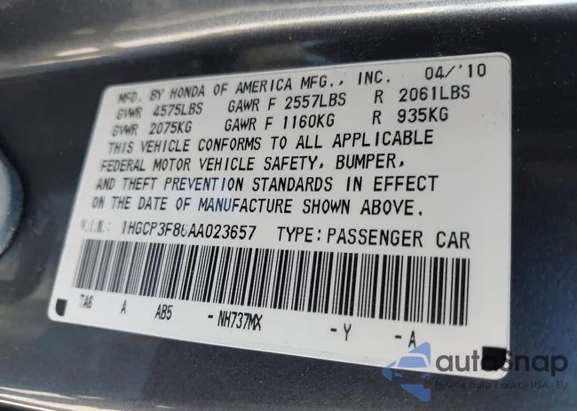 1HGCP3F86AA023657: 43452935