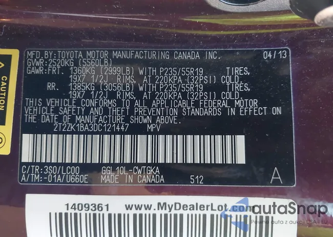 2T2ZK1BA3DC121447: 43453077