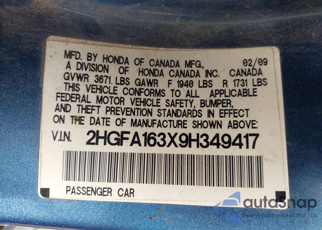 2HGFA163X9H349417: 43453108