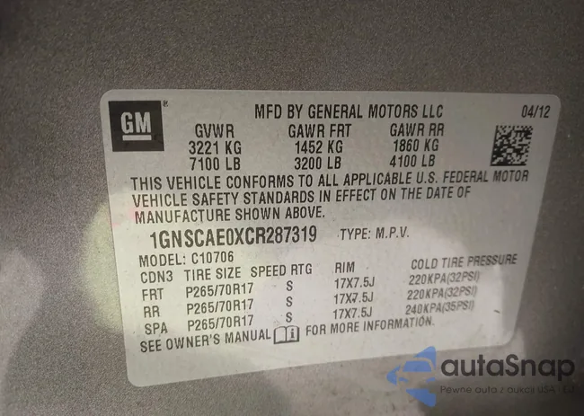 1GNSCAE0XCR287319: 43452500