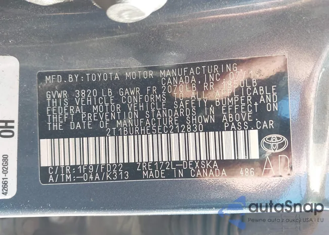 2T1BURHE5EC212830: 43453581