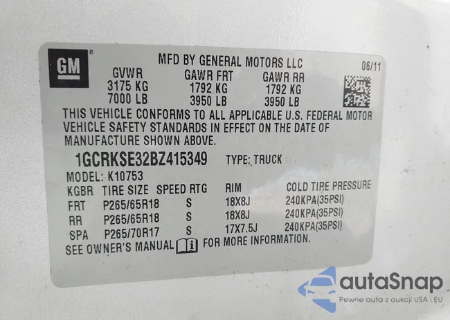 1GCRKSE32BZ415349: 43453672