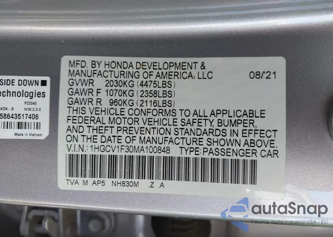 1HGCV1F30MA100848: 43453944