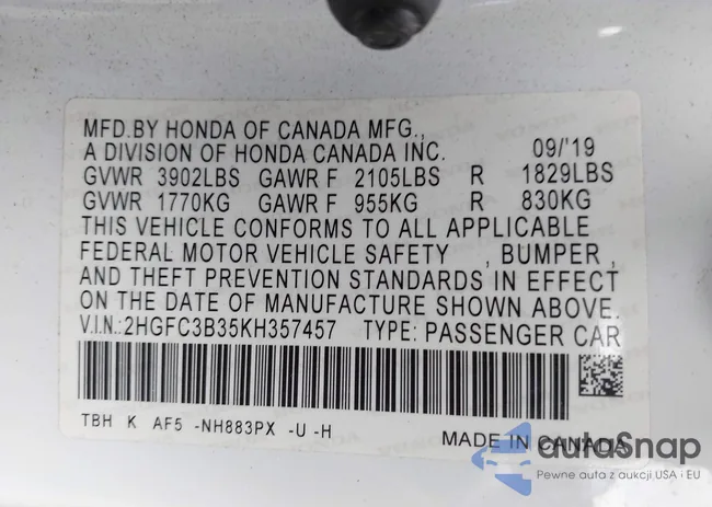 2HGFC3B35KH357457: 43453337