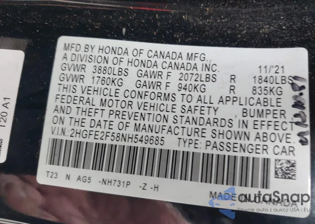 2HGFE2F58NH549685: 43454597