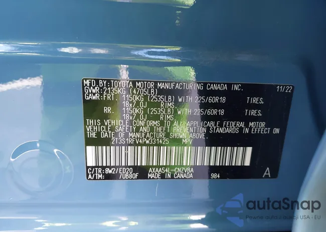 2T3S1RFV4PW331425: 43454743