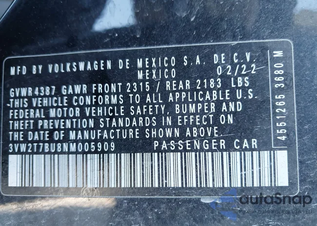 3VW2T7BU8NM005909: 43454756