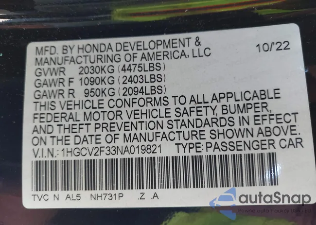 1HGCV2F33NA019821: 43454193