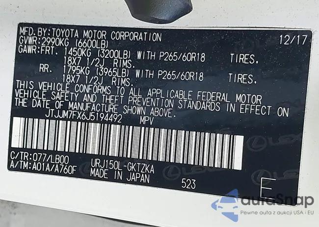 JTJJM7FX6J5194492: 43454206