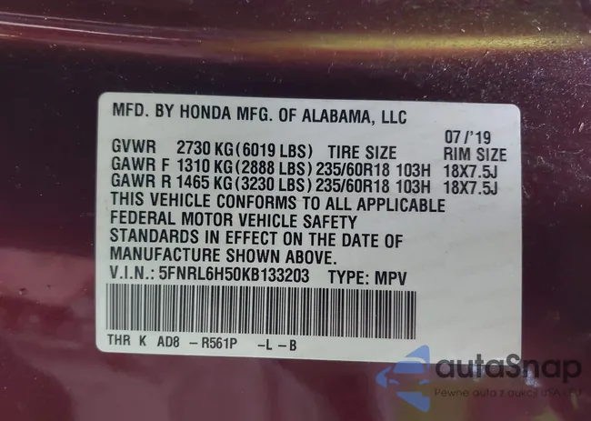 5FNRL6H50KB133203: 43454489