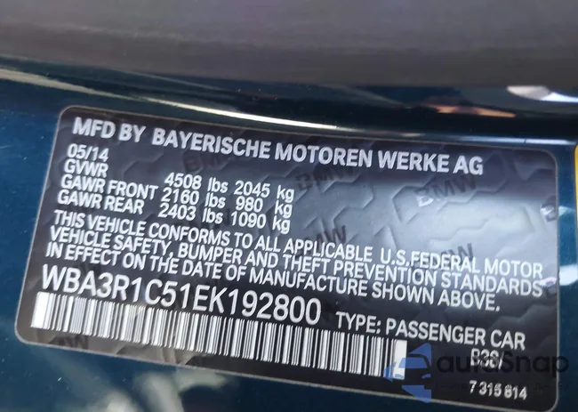 WBA3R1C51EK192800: 43455570