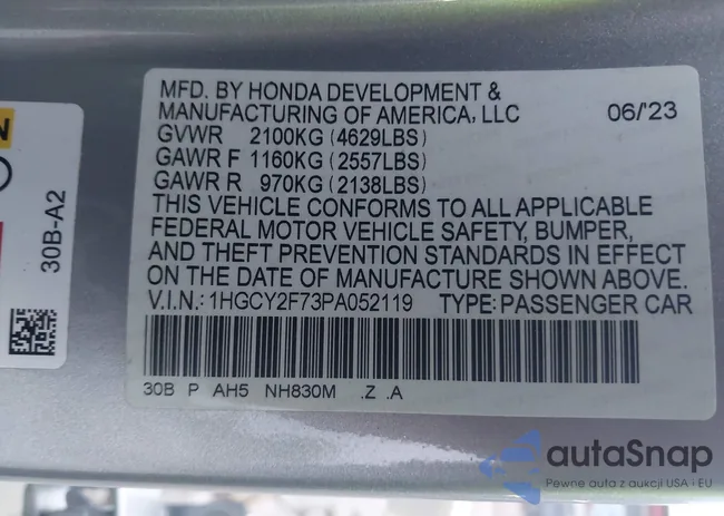 1HGCY2F73PA052119: 43455301