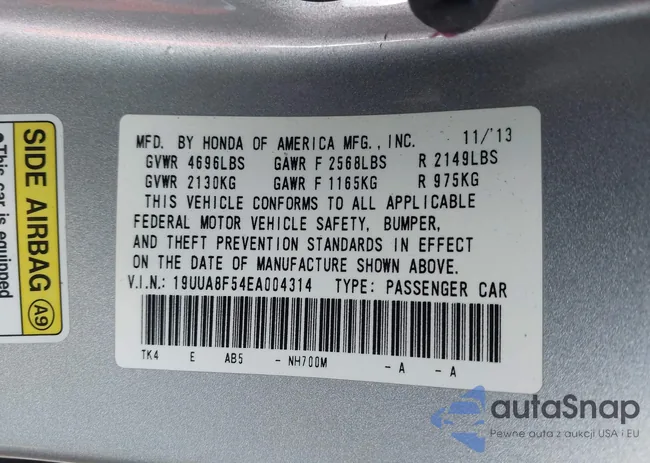 19UUA8F54EA004314: 43455407